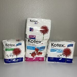 Vintage 2004 Kotex 4 Packs NOS 108 Pads Maxi Wings, Ultra Thin, Thin, Long Super